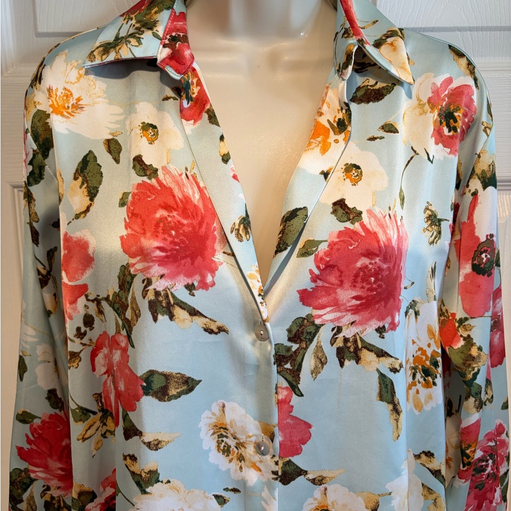 Zara Floral Satin Blouse XS Blue Pink Button Front Long Sleeve Shirt Top